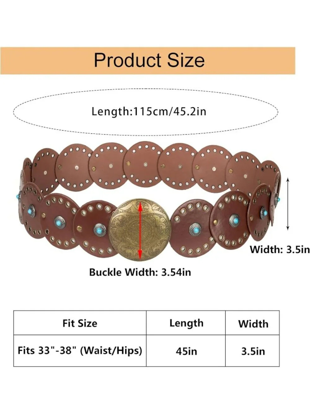 Women Brown & Gold Wide Western Disc Belt Cowgirl Boho-Concho Leather Belt